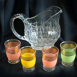Vintage glass pitcher, jug + 4 glasses
