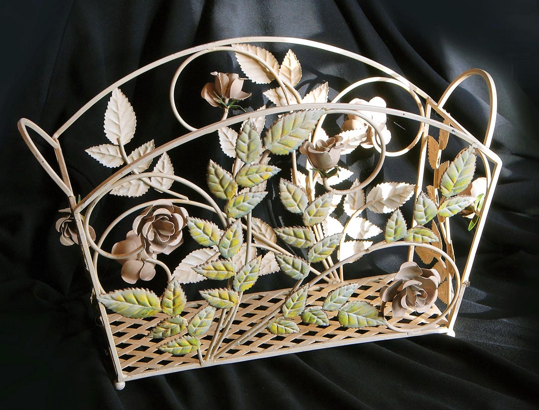 Vintage Metal Magazine Rack With 2 Handles. Raised Floral and Colourful ...