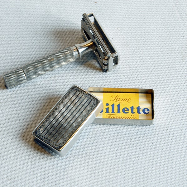 Rasoir à mains vintage + boite lames anciennes Gillette ou similaire. (4/5 lame)