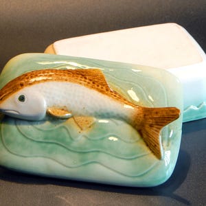 Può includere: Un piatto rettangolare in ceramica con un disegno di pesce. Il coperchio è bianco e la base è verde chiaro con un pesce nei toni del marrone e del bianco. Il pesce nuota su una superficie ondulata.