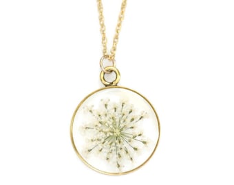 Handmade Pressed Queen Anne's Lace /White Flower Necklace for Women