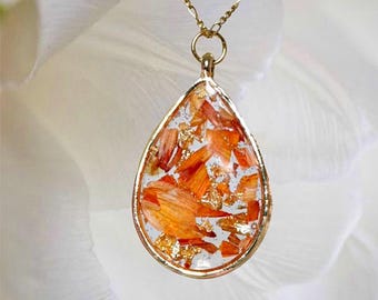 Zinnia Citrus~ Orange Flower 24K Gold Necklace /Real Dried Zinnia Flowers & Gold Flakes Encased in Bio-Resin/ Handmade/Non Tarnish/ Gift Her
