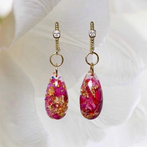 Veranera Cerise~ Magenta Flower 24K Gold Hoop Earrings/ Real Dried Bougainvillea Flower&Gold Flakes Encased in Bio-Resin/Handmade/Gift Her