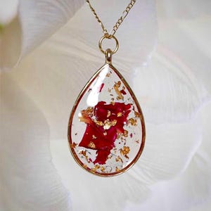 Rose Rouge~ Red Flower 24K Gold Necklace/ Real Dried Rose Flower & Gold Flakes Encased in Bio-Resin/ Handmade/ Non-Tarnish/ Gift for Her