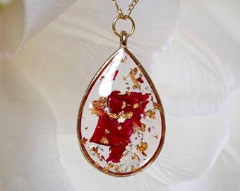 Rose Rouge~ Red Flower 24K Gold Necklace/ Real Dried Rose Flower & Gold Flakes Encased in Bio-Resin/ Handmade/ Non-Tarnish/ Gift for Her