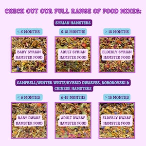 Puede incluir: Imagen que muestra una gama completa de mezclas de alimentos para h&aacute;msteres. Las categor&iacute;as incluyen h&aacute;msteres sirios y enanos, con opciones para beb&eacute;s, adultos y ancianos. El texto dice: "Consulta nuestra gama completa de mezclas de alimentos:"
