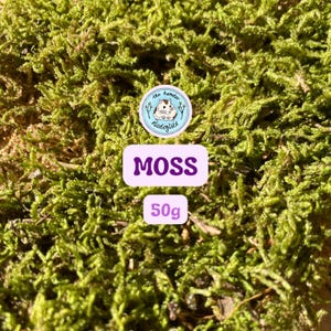 May include: A close-up shot of bright green moss. The image includes a light purple label with the word "MOSS" and a smaller label below it that reads "50g". A circular logo with a hamster is in the upper right corner.