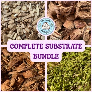May include: An image showcasing a Complete Substrate Bundle with four bedding types: wood chips, cork pieces, coconut fibre, and green moss. The text "COMPLETE SUBSTRATE BUNDLE" is in a purple banner. A circular logo with a hamster is also visible.