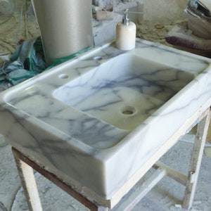 Carrara Marble Sink,Custom,Handmade,Counter,Modern Farmhouse,Crystal,Gift For Dad,White and Blue Marble.