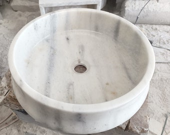 Carrara Marble Bathroom Sink, Round Vanity Top,Farmhouse hand-carved in carrara marble sink,hand carved carrara Marble Sink