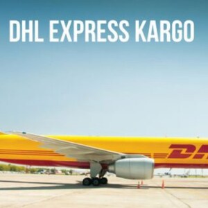 May include: A yellow DHL cargo plane with red and white lettering on the side, parked on a runway at an airport.