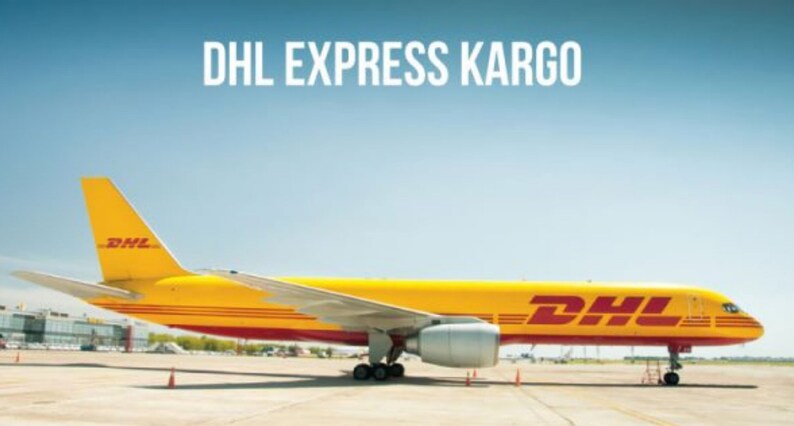 May include: A yellow DHL cargo plane with red and white lettering on the side, parked on a runway at an airport.