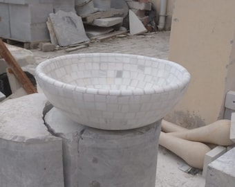 Lavabo redondo de mármol mixto tallado a mano para baño, piedra pulida