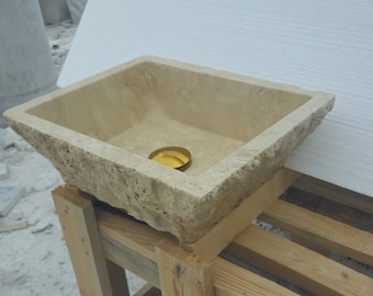 Lavabo de travertino de lujo tallado a mano / Lavabo de baño de piedra natural / Lavabo rectangular moderno para montaje en pared