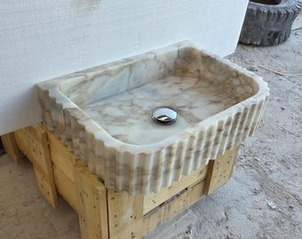Calacatta gold Marble Sink, Wall Mounted, 19.7" x 11.8" Farm hand-carved gold marble sink,hand carved gold marble sink
