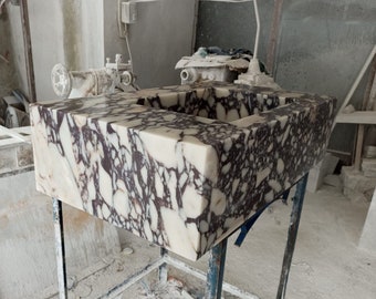 Lavabo in marmo Calacatta Viola, lavabo da bagno a parete, lavabo in marmo viola intagliato a mano, lavabo viola intagliato a mano