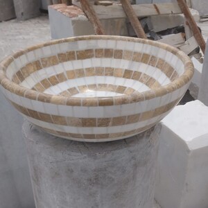 Round Marble Sink, Mosaic Tile Pattern, Polished Stone,Farmhouse hand-carved in mosaıc marble sink,hand carved mosaıc Marble Sink
