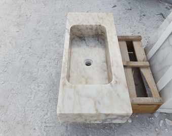 Lavabo a parete in marmo Calacatta Viola dorato, lavabo rustico intagliato a mano in marmo dorato, lavabo in marmo dorato intagliato a mano