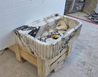 Lavabo de mármol Calacatta Viola, tocador de baño de pared, lavabo de mármol viola tallado a mano de granja, lavabo de mármol viola tallado a mano