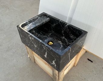 Hand Carved Nero Marquina Marble Sink, Polished Vanity Top Bathroom Decor