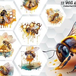 Bees on honeycomb with honey clipart, 12 watercolor bees in PNG format transparent background for sublimation or printing, commercial use
