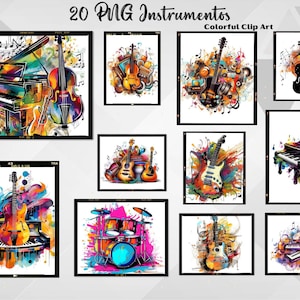Clipart de intrumentos musicales, 20 archivos digitales de música en formato PNG fondo transparente para sublimación o impresión