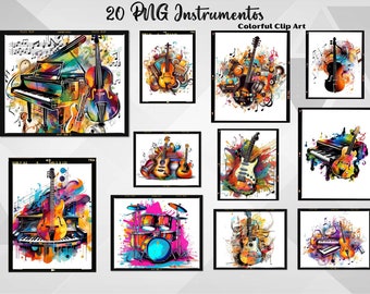 Musikinstrumente Clipart, 20 digitale Musikdateien im PNG-Format, transparenter Hintergrund für Sublimation oder Druck