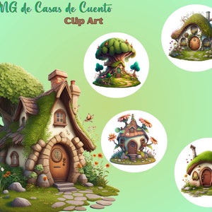 Clipart de casas de cuento bonitas, 17 casitas de elfo del bosque en formato PNG fondo transparente para sublimación impresión,uso comercial