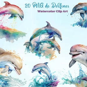Aquarelle dauphins dans la mer clipart, 20 jolis dauphins en format PNG fond transparent pour sublimation ou impression, usage commercial