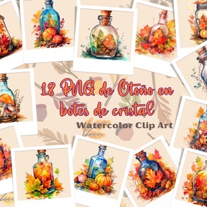 Autumn clipart in glass jar, 18 autumn landscape images, ocher tree leaves, glass bottle with leaves inside in PNG