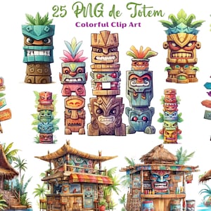 Hawaiian totem clipart, 25 totem heads and hawaii tikis in PNG format transparent background for sublimation or printing, decoration