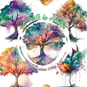 Watercolor trees clipart, 20 painted trees in PNG format transparent background for sublimation printing, commercial license included