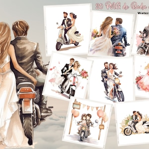 Clip art des mariés sur moto, 20 dessins de mariage en PNG, dessins de jeunes mariés le jour du mariage pour sublimation ou impression, usage commercial