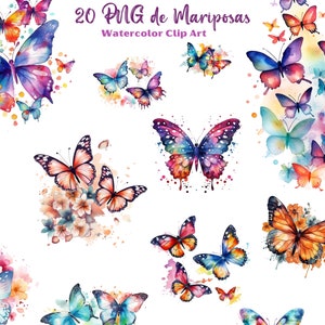 Clip art de mariposas acuareladas, 20 mariposas volando y flores en acuarela PNGs,archivo digital de insectos para sublimación uso comercial