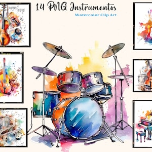 instrumentos musicales acuarelados, 14 archivos digitales de música en formato PNG,violín guitarra violoncelo batería contrabajo piano viola