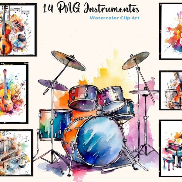 instruments de musique aquarelle, 14 fichiers de musique numérique au format PNG, violon guitare violoncelle batterie contrebasse piano alto