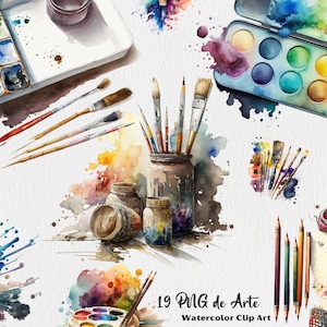 Fine art material clipart, 19 drawings of paint brushes watercolor paints canvas pencils in PNG format transparent background