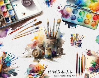 Fine art material clipart, 19 drawings of paint brushes watercolor paints canvas pencils in PNG format transparent background