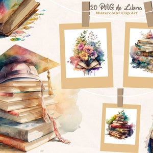 Bonitos livros em aquarela clipart, 20 desenhos de livros em formato PNG fundo transparente para impressão por sublimação, uso comercial