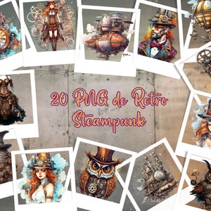 Clipart retro steampunk, dibujos imprimibles de moda victoriana, tren, zeppelin, pájaros, chicas, hombres con gafas y sombrero de copa, PNG