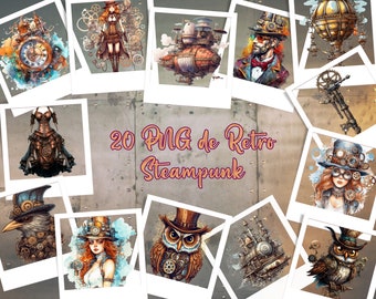 Retro Steampunk Clipart, Victorian Fashion Printable Drawings, Train, Zeppelin, Birds, Girls, Men with Glasses and Top Hat, PNG