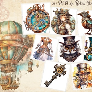 Clipart steampunk retrô, desenhos de moda vitoriana para impressão, trem, zepelim, pássaros, meninas, homens com óculos e cartola, PNG
