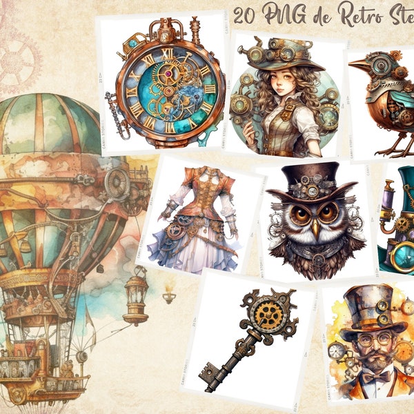 Clipart Steampunk rétro, dessins imprimables de mode victorienne, Train, Zeppelin, oiseaux, filles, hommes avec lunettes et chapeau haut de forme, PNG