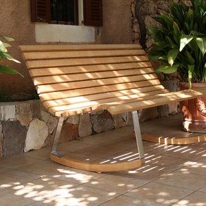 Rocking bench, garden bench, designer furniture made of stainless steel and oak, rocking chair, terrace