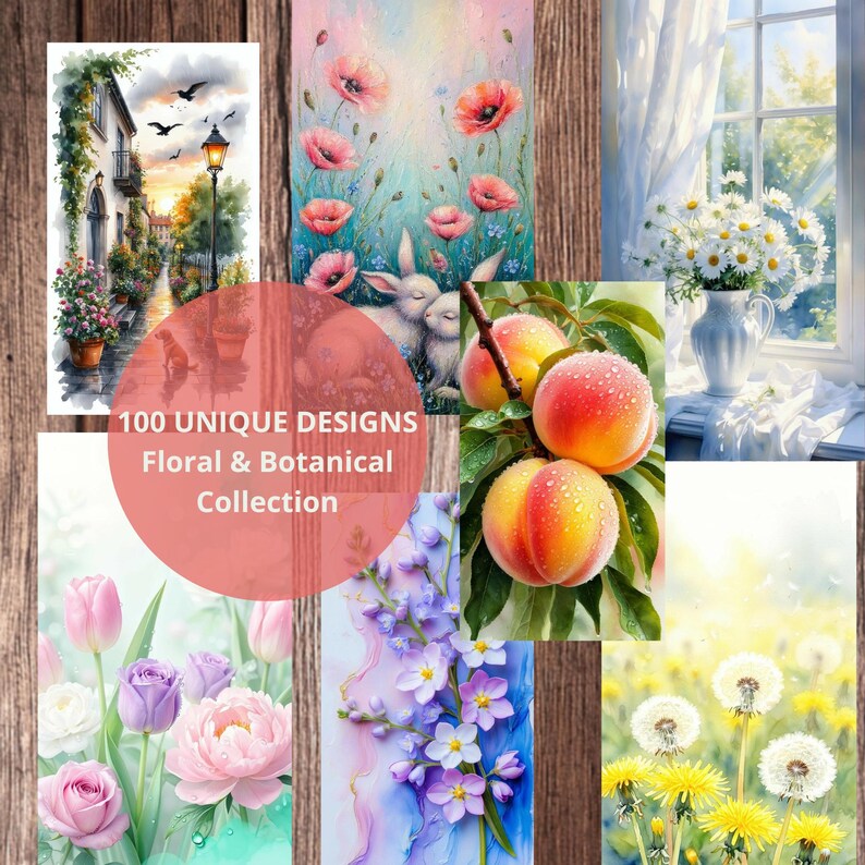 Pu&ograve; includere: Una collezione di stampe artistiche floreali e botaniche ad acquerello. Le immagini includono papaveri, conigli, pesche, margherite e altri fiori. Il testo nell'immagine recita "100 UNIQUE DESIGNS Floral & Botanical Collection."