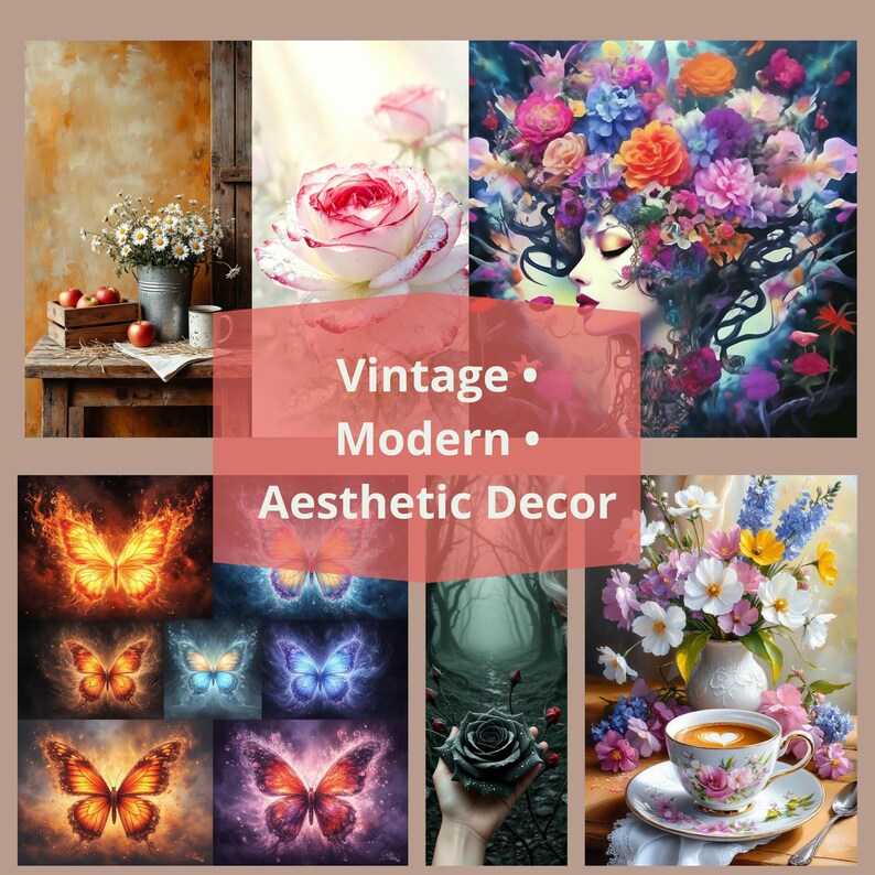 Pu&ograve; includere: Un collage di immagini di decorazioni estetiche. Include una rosa, una donna con un copricapo floreale, farfalle, una scena della foresta e una tazza di t&egrave;. Il testo recita "Vintage Modern Aesthetic Decor."