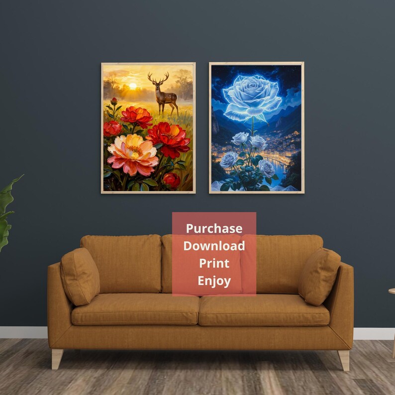 Pu&ograve; includere: Due stampe artistiche incorniciate. Una presenta un cervo in un campo di fiori al tramonto. L'altra raffigura una rosa blu brillante con uno sfondo urbano. Il testo "Purchase Download Print Enjoy" &egrave; al centro.