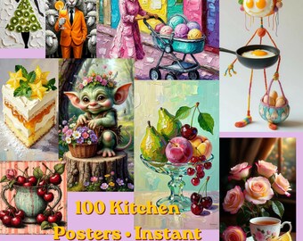 100 Kitchen Prints Bundle, Coffee Bar Wall Art, Food Dessert Fruit Decor (Digital Download)