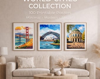 Pacchetto di 100 poster di viaggio con immagini di città, acquerelli da appendere alle pareti (download digitale)