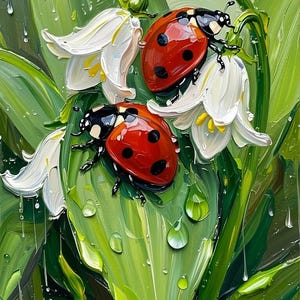 Pu&ograve; includere: Un dipinto vibrante di due coccinelle con gusci rossi e pois neri, appoggiate su foglie verdi e fiori bianchi. L'opera presenta pennellate visibili e gocce d'acqua, creando un effetto strutturato. Lo sfondo &egrave; un mix di verde e bianco.